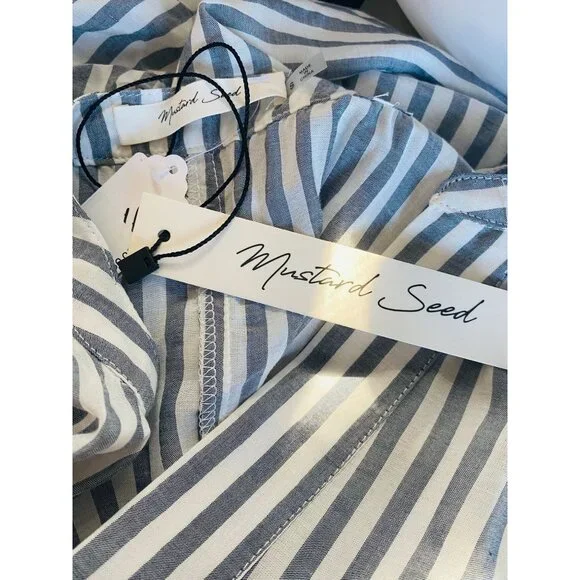 Mustard Seed Blue & White Striped Oversized Blouse With Ruched Sleeves small - Picture 9 of 11